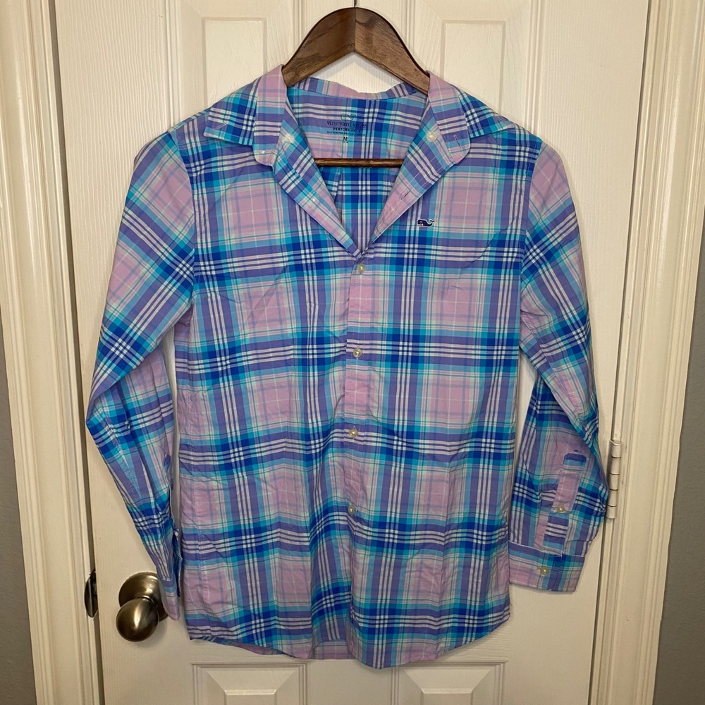 Vineyard Vines Boys Performance Plaid Button Down Shirt Purple Blue Medium 12 14